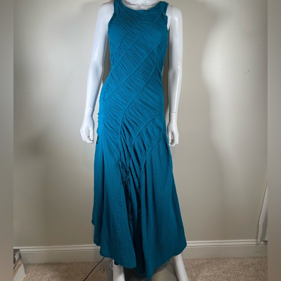 Free People Blurred Lines Midi Dress Blue Dark Teal Sz M 100% Cotton Gauze Sexy - Picture 13 of 15